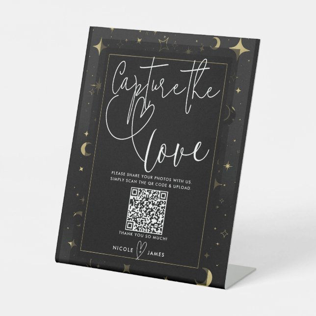 Black Gold Celestial Moon Stars Capture the Love Pedestal Sign (Front)