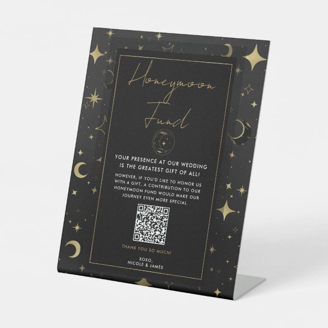 Black & Gold Celestial Moon Stars Honeymoon Fund Pedestal Sign (Front)