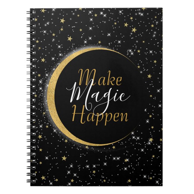 Black & Gold Celestial Moon Stars Lunar Magic Notebook (Front)