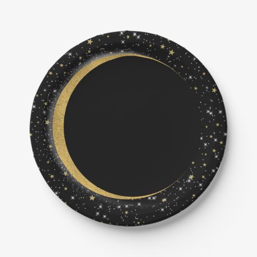 Black  Gold Celestial Moon Stars Lunar Magic Paper Plates