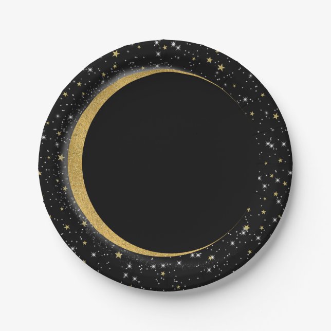 Black & Gold Celestial Moon Stars Lunar Magic Paper Plates (Front)