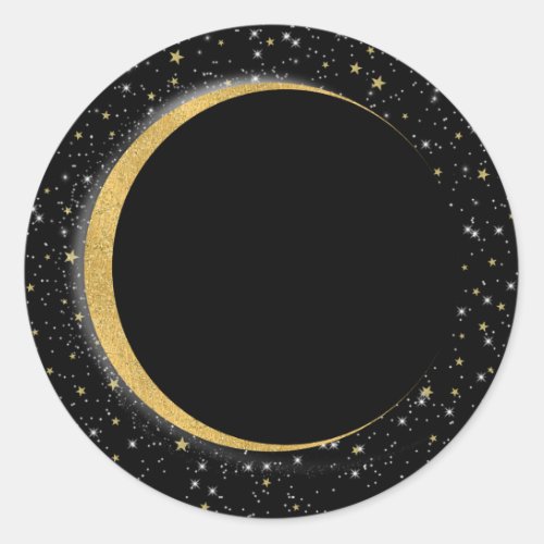 Black  Gold Celestial Moon Stars Lunar Night Classic Round Sticker