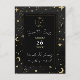 Black & Gold Celestial Moon & Stars Save the Date Announcement Postcard