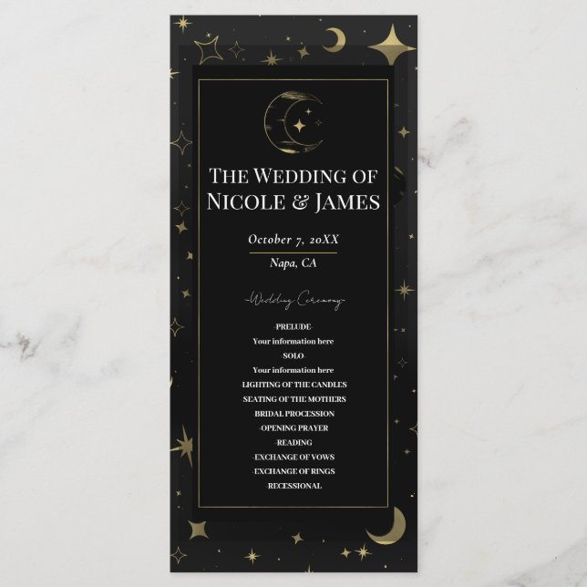 Black & Gold Celestial Moon Stars Wedding Program (Front)