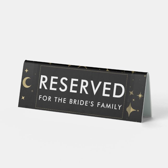 Black Gold Celestial Moon Stars Wedding Reserved Table Tent (Front)