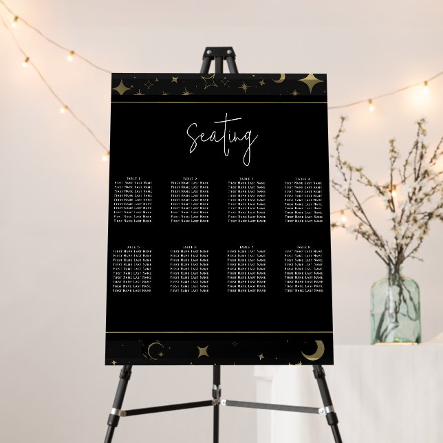 Black & Gold Celestial Moon Stars Wedding Seating Foam Board (In Situ (Stand))