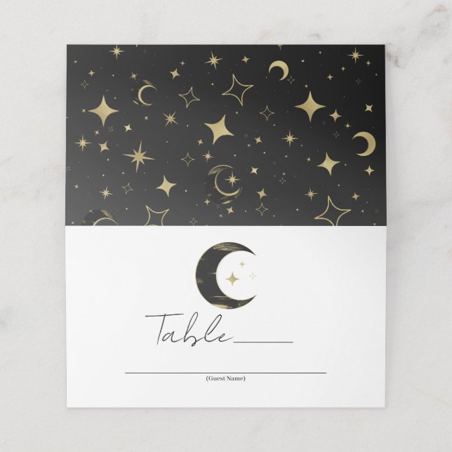 Black & Gold Celestial Moon Stars Wedding Table  Place Card (Outside Unfolded)