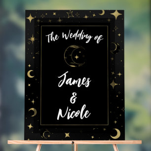 Black & Gold Celestial Moon Stars Wedding Welcome Acrylic Sign