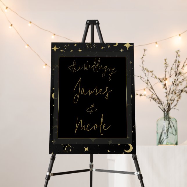 Black & Gold Celestial Moon Stars Wedding Welcome Foam Board (In Situ (Stand))