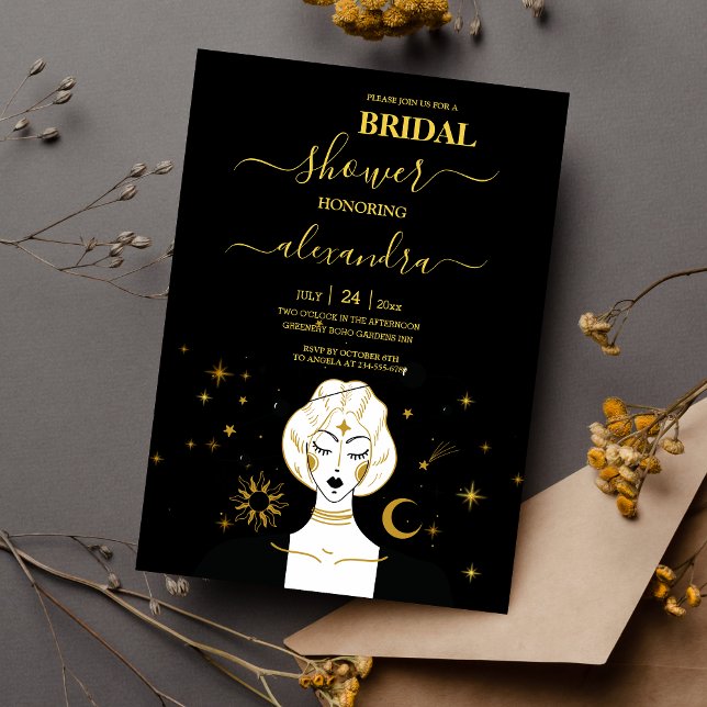 Black Gold Celestial Sun Bridal Shower Invitation (Creator Uploaded)