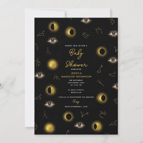 Black Gold Celestial Sun  Moon Baby Shower Invitation