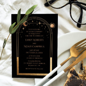 Black Gold Celestial Sun Moon Stars Wedding Invitation