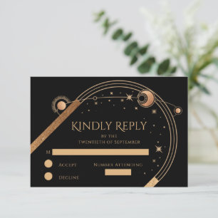Black Gold Celestial Sun Moon Stars Wedding RSVP Card