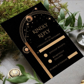 Black Gold Celestial Sun Moon Stars Wedding RSVP Card