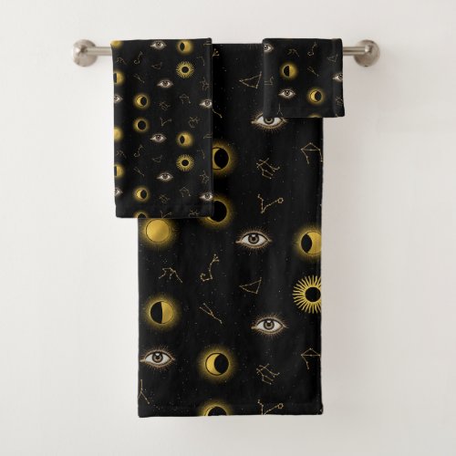 Black Gold Celestial Sun  Moon Zodiac Eye Bath Towel Set