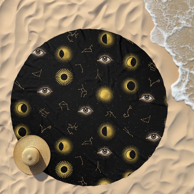 Black Gold Celestial Sun & Moon Zodiac Eye Beach Towel (Beach)