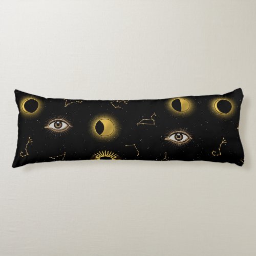Black Gold Celestial Sun  Moon Zodiac Eye Body Pillow