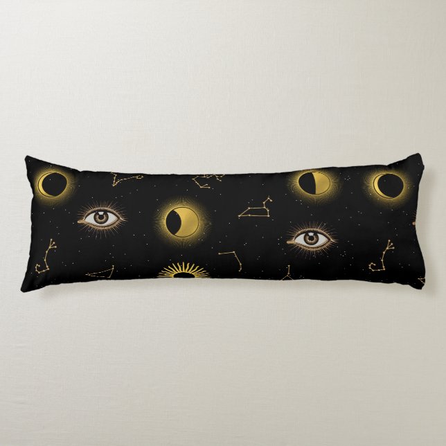 Black Gold Celestial Sun & Moon Zodiac Eye Body Pillow (Front)