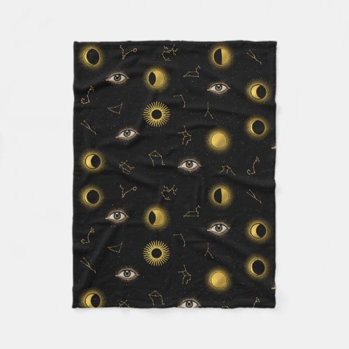 Black Gold Celestial Sun  Moon Zodiac Eye Fleece Blanket