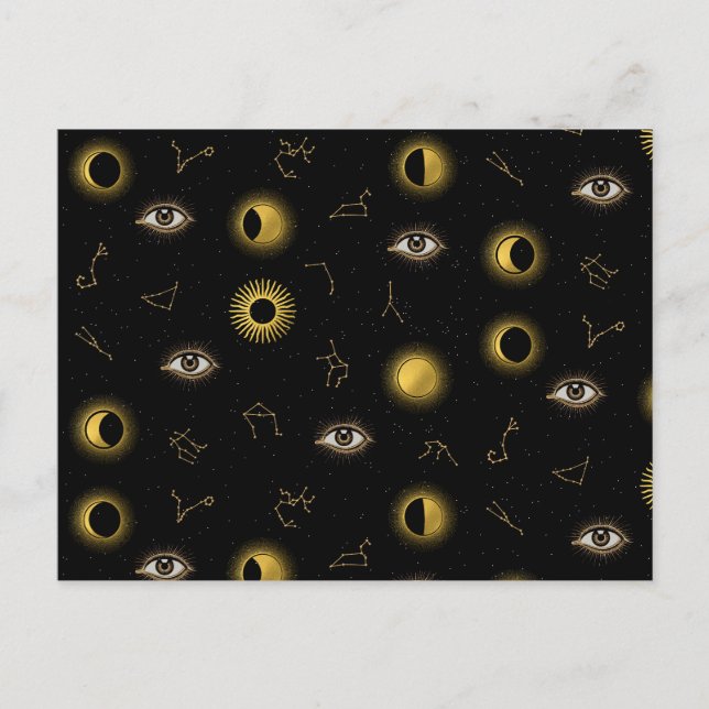 Black Gold Celestial Sun & Moon Zodiac Eye Holiday Postcard (Front)