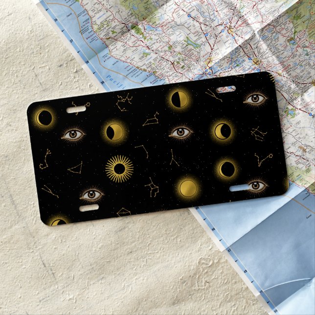 Black Gold Celestial Sun & Moon Zodiac Eye License Plate (In Situ)