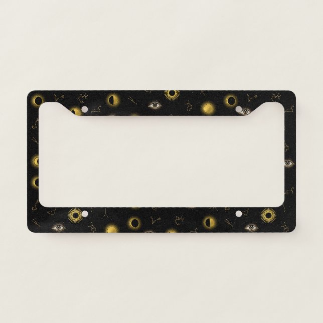 Black Gold Celestial Sun & Moon Zodiac Eye License Plate Frame (Front)