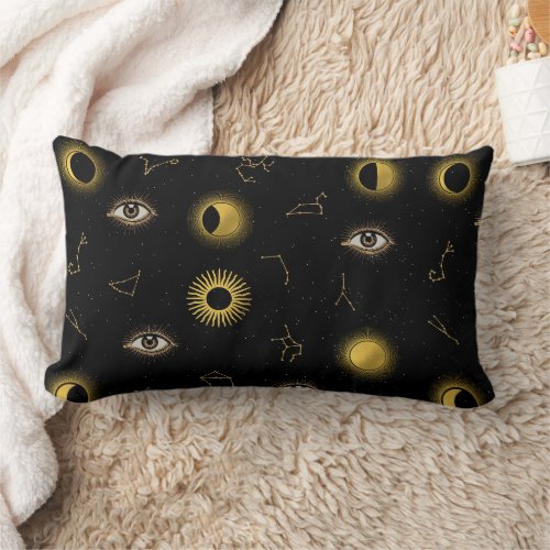 Black Gold Celestial Sun  Moon Zodiac Eye Lumbar Pillow