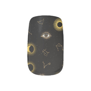 Black Gold Celestial Sun & Moon Zodiac Eye Minx Nail Art