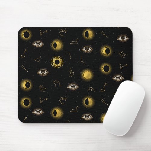 Black Gold Celestial Sun  Moon Zodiac Eye Mouse Pad