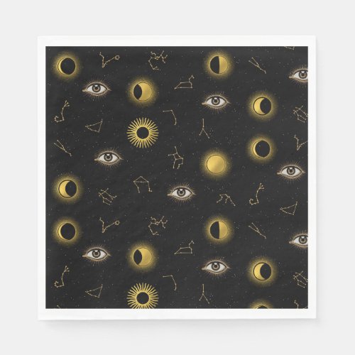 Black Gold Celestial Sun  Moon Zodiac Eye Napkins
