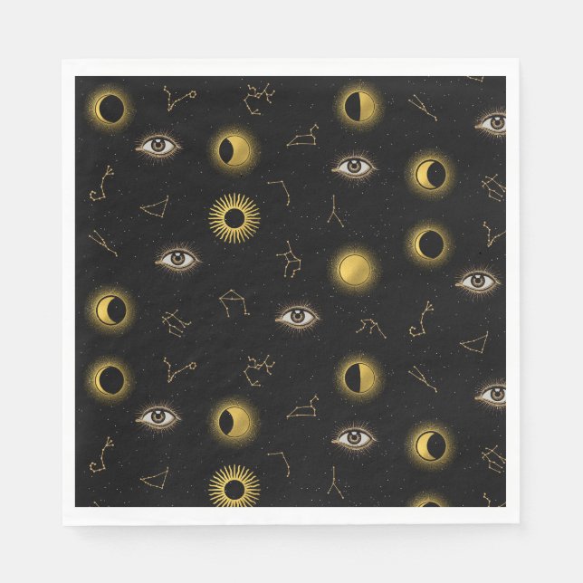 Black Gold Celestial Sun & Moon Zodiac Eye Napkins (Front)