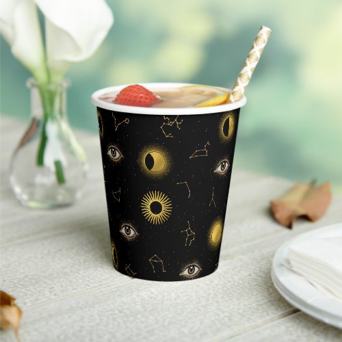 Black Gold Celestial Sun  Moon Zodiac Eye Paper Cups