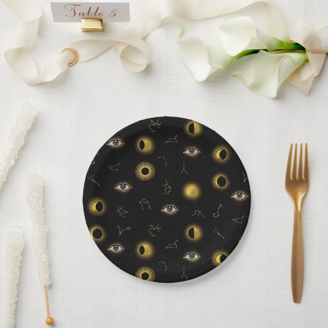 Black Gold Celestial Sun & Moon Zodiac Eye Paper Plates (Wedding)