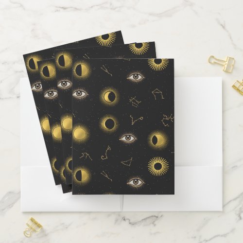Black Gold Celestial Sun  Moon Zodiac Eye Pocket Folder