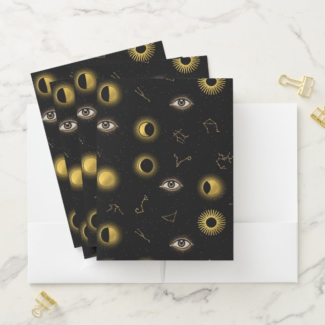 Black Gold Celestial Sun & Moon Zodiac Eye Pocket Folder (In Situ)