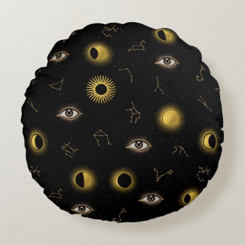 Black Gold Celestial Sun  Moon Zodiac Eye Round Pillow