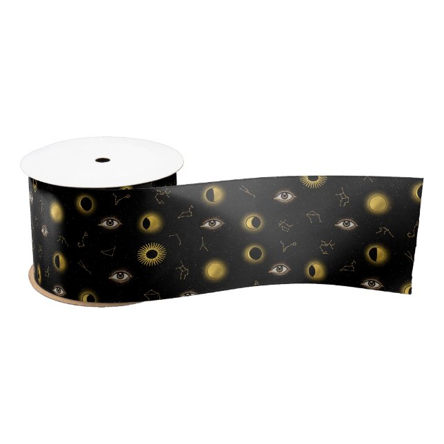 Black Gold Celestial Sun & Moon Zodiac Eye Satin Ribbon (Spool)