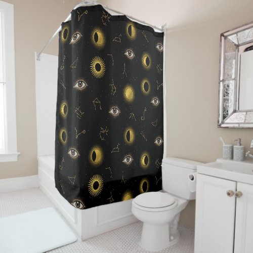 Black Gold Celestial Sun  Moon Zodiac Eye Shower Curtain