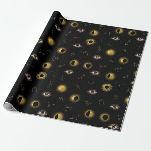 Black Gold Celestial Sun  Moon Zodiac Eye Wrapping Paper