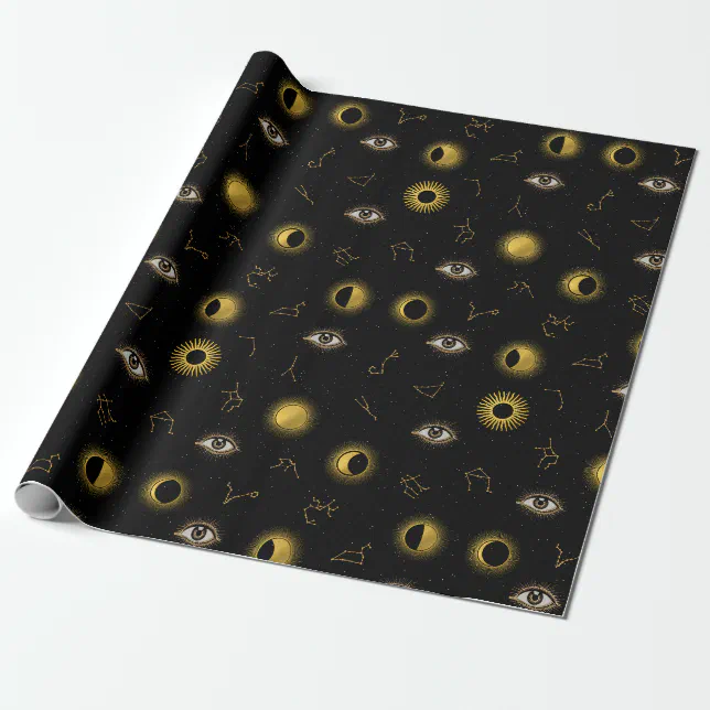 Black Gold Celestial Sun & Moon Zodiac Eye Wrapping Paper | Zazzle