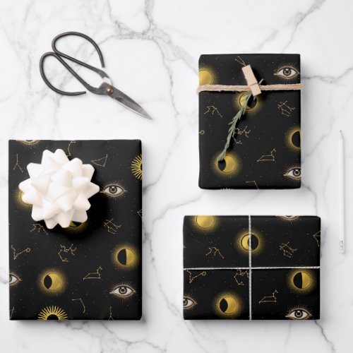 Black Gold Celestial Sun  Moon Zodiac Eye Wrapping Paper Sheets