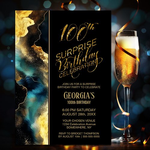 Black Gold Celestial Surprise 100th Birthday Party Invitation