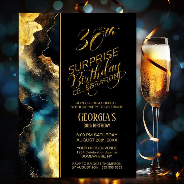 Black Gold Celestial Surprise 30th Birthday Party Invitation (Creator Uploaded)