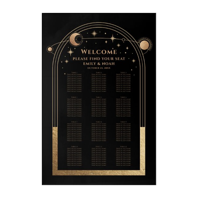 Black Gold Celestial Wedding Seating Chart Acrylic Print (Front)