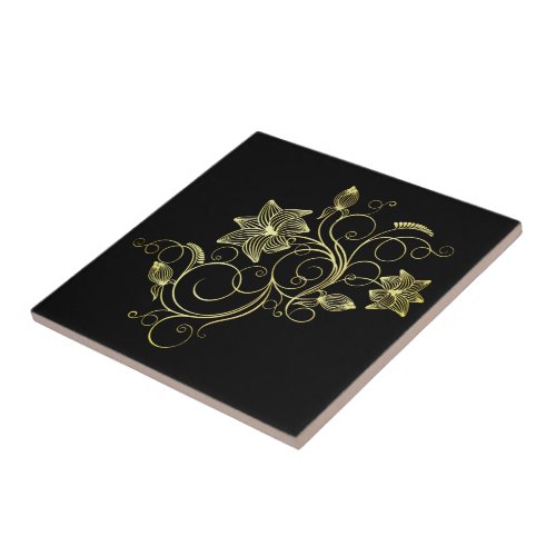 Black Gold Ceramic Tile with Flowers Choose Color