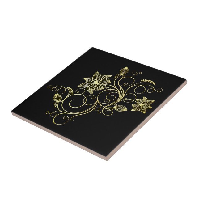 Black Gold Ceramic Tile with Flowers Choose Color (Side)