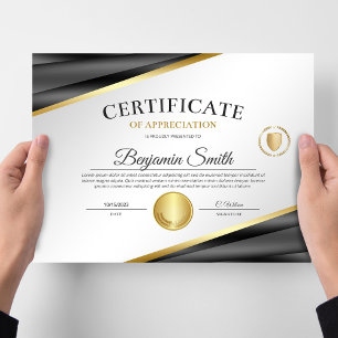 Black & Gold Certificate of Appreciation Award