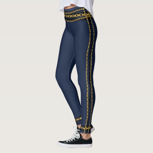 Black  Gold Chain Trim Navy Blue Leggings