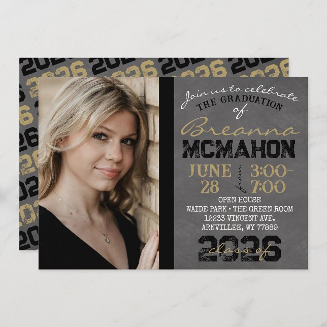 Black & Gold Chalkboard Graduation Invitation (Repeating Class Year Chalkboard Graduation Photo Invitations)