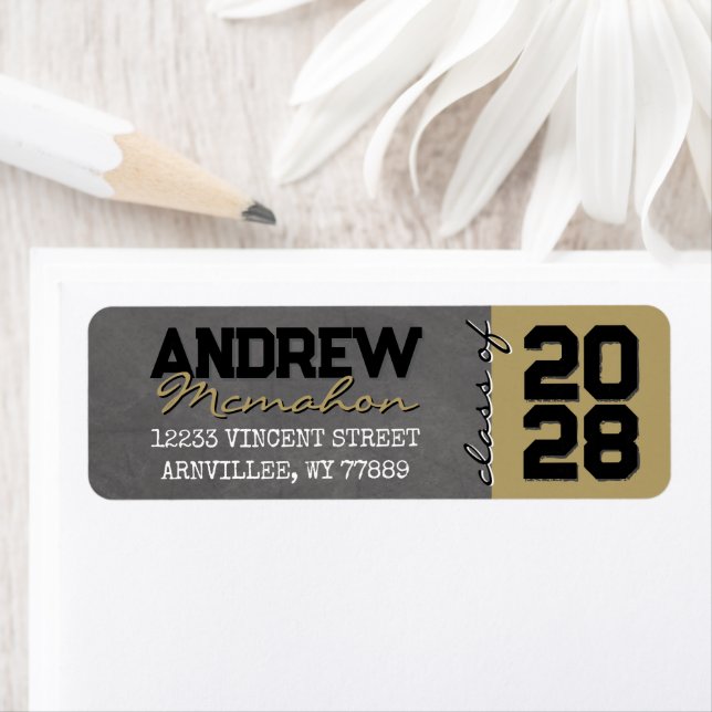 Black ^ Gold Chalkboard Graduation Return Address Label (Insitu)